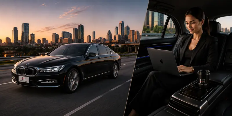 Young female executive working on a laptop in the rear cabin of a luxury sedan while traveling between Houston and Austin, with the official Lavish Ride logo displayed on the front license plate and coffee cup.